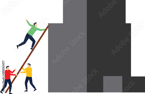 color scene rock landscape with business male people trying to climb stairs to the top vector illustration

