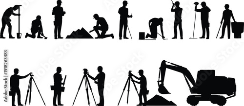 Construction workers and surveyors silhouette set with excavator isolated on white background industrial building project concept illustration