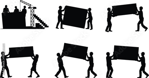 Construction workers carrying large panel silhouette set isolated on white background industrial building teamwork concept illustration