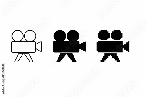 Set of three video camera icons in varying styles: outline, silhouette, and pixel art