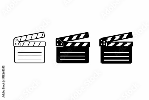 Set of movie clapperboard icons in black and white