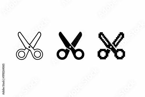 Set of scissor icons: outline, solid, pixel art styles on white background