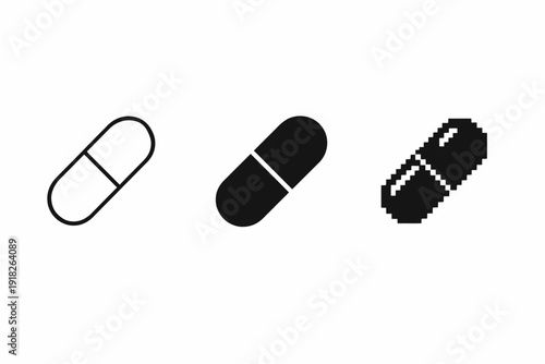 Minimalist icons of capsule pill in line, solid, and pixel art styles