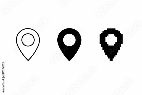 Minimalist location icons: three styles of map pin designs