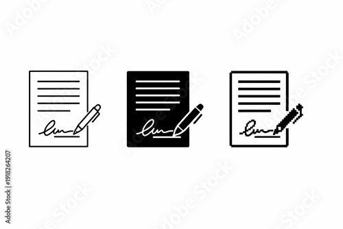 Minimalist icon set featuring document with signature in three styles
