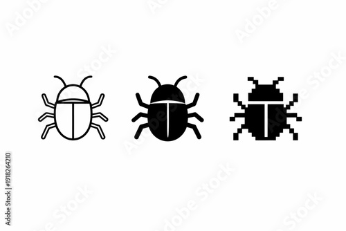 Black and white bug icons: outline, solid, and pixelated styles