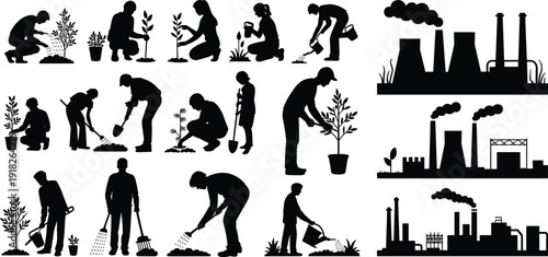 Gardening and environmental silhouettes planting trees with factory pollution isolated on white background ecology concept illustration