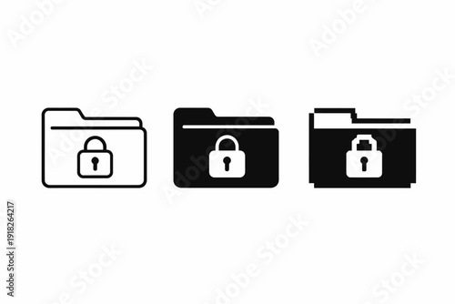 Set of three locked folder icons in black and white design