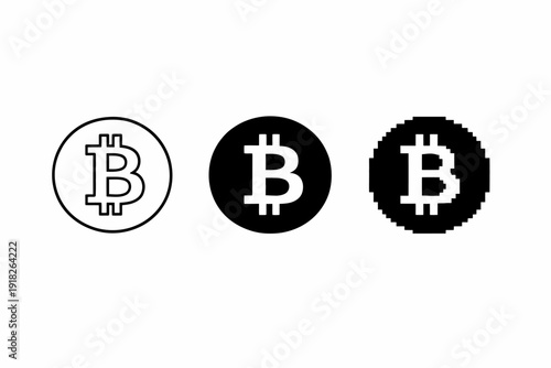 Minimalist bitcoin symbols in outline, solid, and pixel art styles