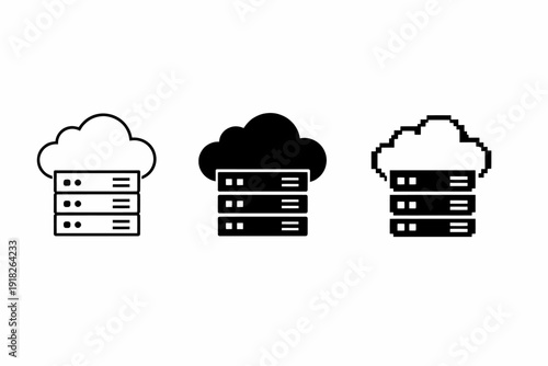 Cloud computing icons: outline, solid, and pixelated server designs