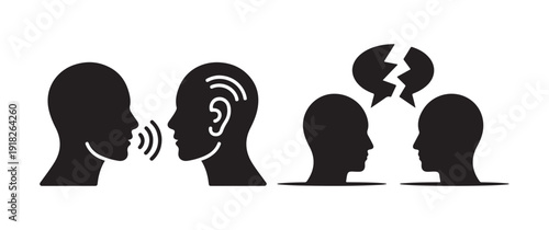 Two pairs of heads in profile: one pair talking, the other in conflict with broken bubble