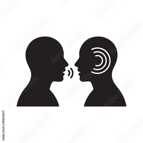 One person speaking, another listening with sound waves and ear symbol