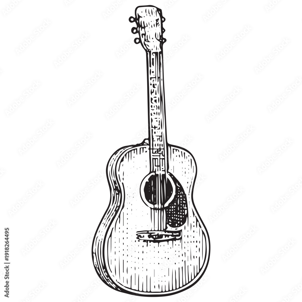 Naklejka premium Acoustic guitar sketch, string instrument illustration, folk music vector