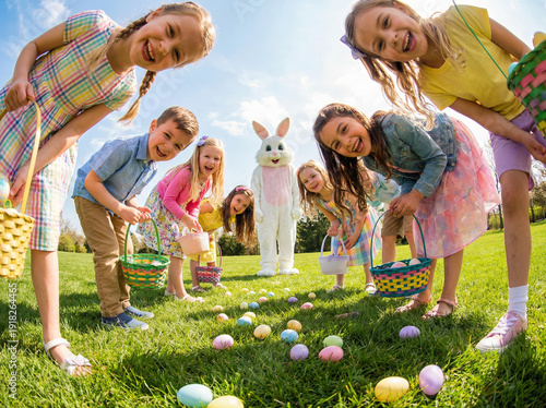 Kids Easter Celebration - Children with Bunny Ears Playing Egg Hunt Game on Green Lawn