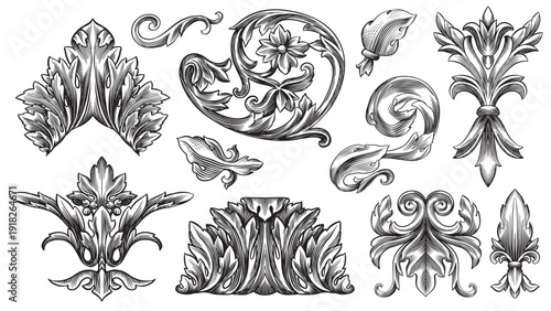 Vintage Baroque or renaissance hand drawn Victorian set of ornament floral elements engraved retro flower decorative design heraldic swirls. 