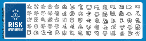 Risk Management and Compliance Outline Vector Icons Set — Business Security, Audit, Insurance, Warning and Control Symbols for Web and App UI