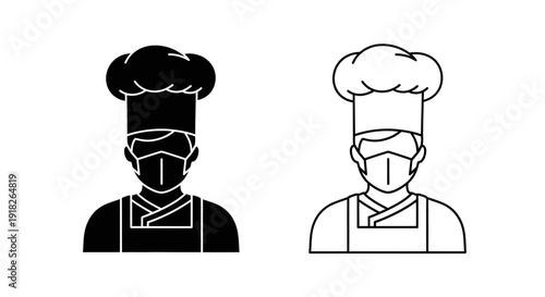 Chef and cook with face masks - medical professionals in kitchen - black and white Vector