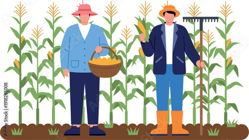 Flat Illustration of Farmers Harvesting Ripe Corn in the Field with Basket and Rake