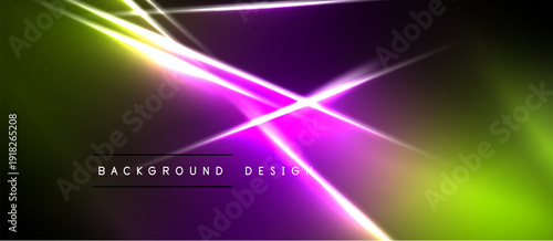 Abstract neon lights create dynamic background. Vivid purple, green hues blend with black space. Modern design element.