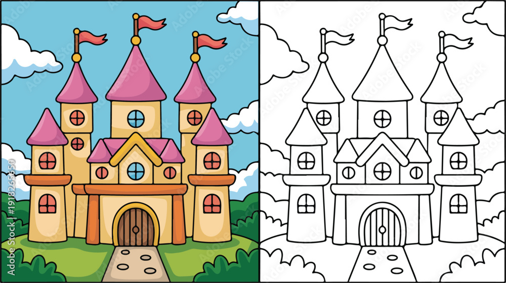 Fototapeta premium A picturesque drawing of a majestic storybook castle, presented as line art and colored