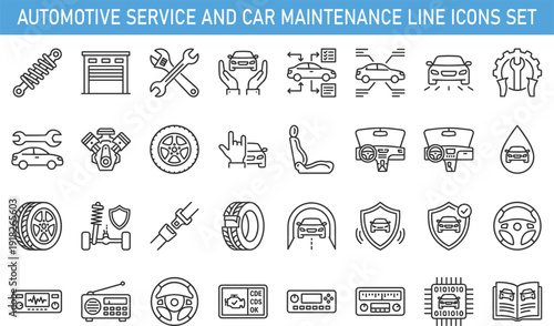 Automotive service and car maintenance line icons set, vehicle repair garage equipment outline vector illustration collection