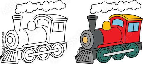 A colorful cartoon train with red and yellow parts stands beside its black and white outline