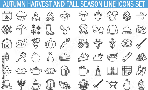 Autumn Harvest and Fall Season Line Icons Set, Thanksgiving, Farm, Weather, Cozy Elements Vector Collection