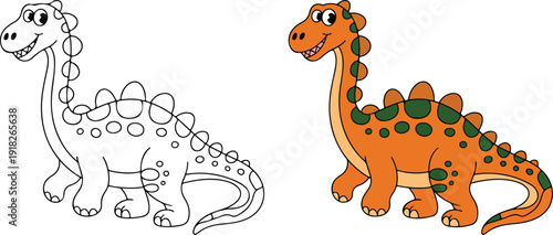 A friendly orange cartoon dinosaur with green spots and spines is displayed next to its simple outline version