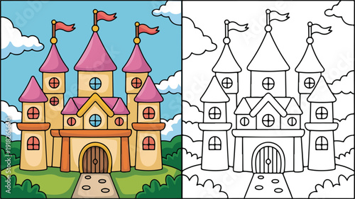 A picturesque drawing of a majestic storybook castle, presented as line art and colored
