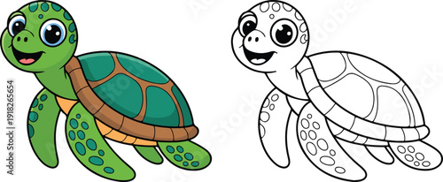 An adorable drawing of a smiling sea turtle, presented as black line art and fully colored