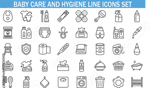 Baby Care and Hygiene Line Icons Set, Infant Products, Diaper, Bottle, Cleaning Supplies Vector Collection