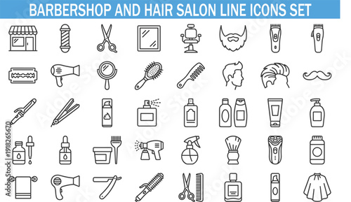 Barbershop and Hair Salon Line Icons Set, Grooming Tools, Beauty Equipment, Hairstyling Vector Collection for Web Design
