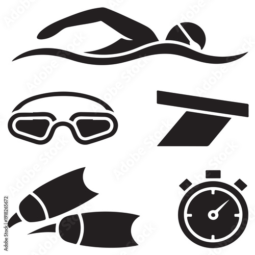 Set of black silhouette icons related to swimming sports equipment and athlete performing freestyle stroke for design