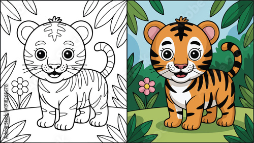 Happy cartoon tiger cub stands smiling in a lush jungle environment with a matching coloring page