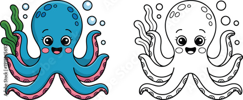 A charming blue cartoon octopus with pink suckers is shown next to its clear black and white outline