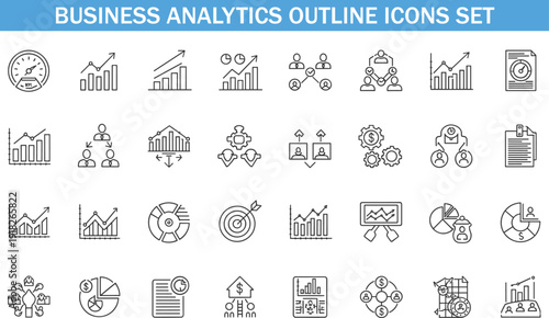 Business analytics outline icons set, KPI performance charts financial reports marketing metrics collection, corporate data vector illustrations for dashboard