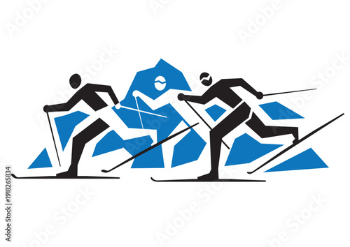 Cross Country Skiers, competition. 
Illustration of three cross-country ski competitors on mountain background. Vector available.	