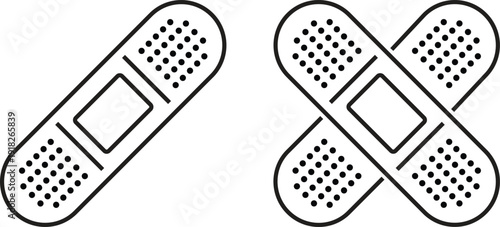 Adhesive bandage icon set with outline medical plaster strips and linear band aid cross illustration for first aid healthcare wound care emergency treatment medicine and clinical safety equipment.