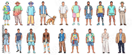 Faceless diverse men in summer outfits from beachwear to smart casual. Minimal CAD flat vector fashion set with vibrant and pastel colors.