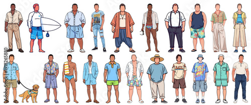 Clean 2D summer fashion pack featuring beach resort, edgy street and office looks. Inclusive faceless male characters for modern branding.