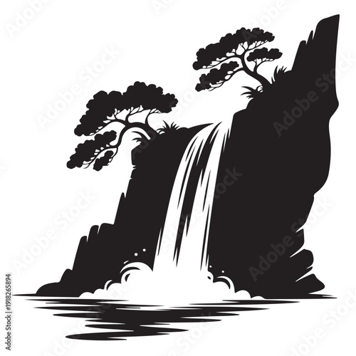 Silhouette waterfall vector art, natural landscape with cascading water, mountain cliffs, and green trees, serene outdoor scenery illustration, tranquil nature element design