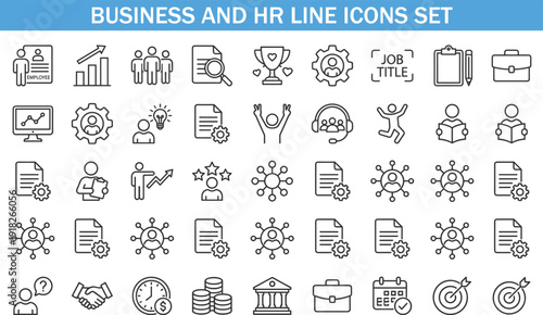 Business and HR line icons set, employee management recruitment analytics teamwork finance strategy vector illustration collection