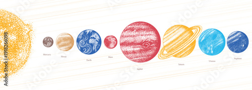 Planets of the Solar system in hand drawn stippling dot work style for science and astronomical usage. education material. Mercury, Venus Earth, Mars, Jupiter and Saturn as well as Neptune and Uranus