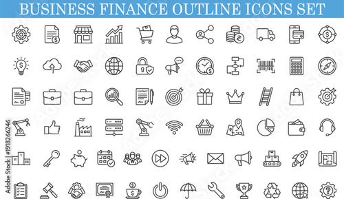 Business finance outline icons set, ecommerce marketing management analytics strategy technology symbols collection for web apps dashboards