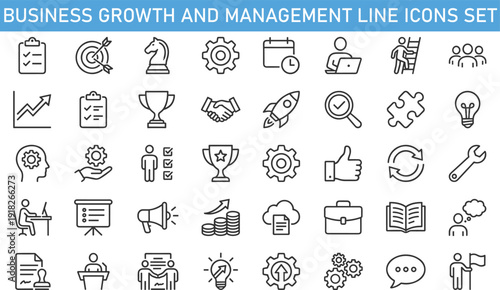 Business growth and management line icons set, startup strategy leadership productivity finance outline vector illustration collection for marketing