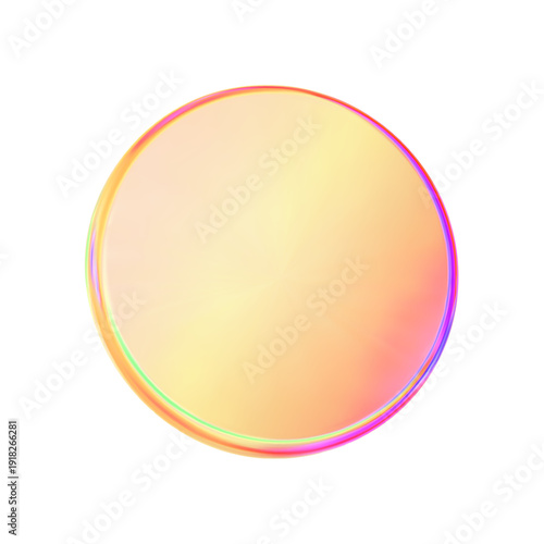 3d glass round badge shape hologram gradation effect. Abstract neon coin gradient liquid texture. Orange purple podium, disc, badge, coin, lens, plate crystal. Y2k hologram shape. Vector illustration