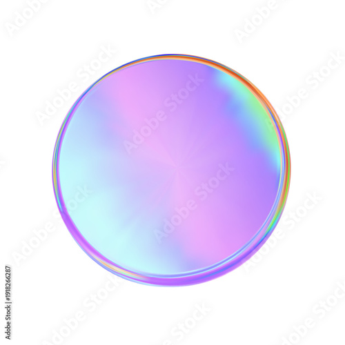 3d glass round badge shape hologram gradation effect. Abstract neon coin gradient liquid texture. Purple blue podium, disc, badge, coin, lens, plate crystal. Y2k hologram shape. Vector illustration