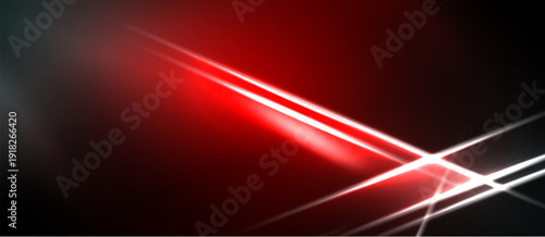 Abstract background features bright red, white lines crossing dark space. Dynamic composition creates energetic visual impact.