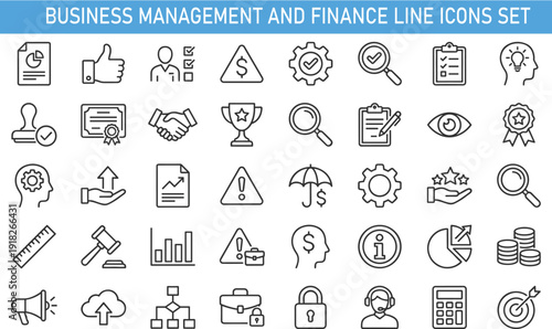 Business management and finance line icons set, analytics security marketing strategy checklist vector collection for corporate workflow