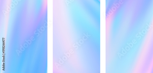 Aurora set vertical background. Blue pink light gradient neon effect. Color gradation hologram wave. Blur northern sky pattern. Holographic pearl foil paper. Delicate blue gradient. Vector